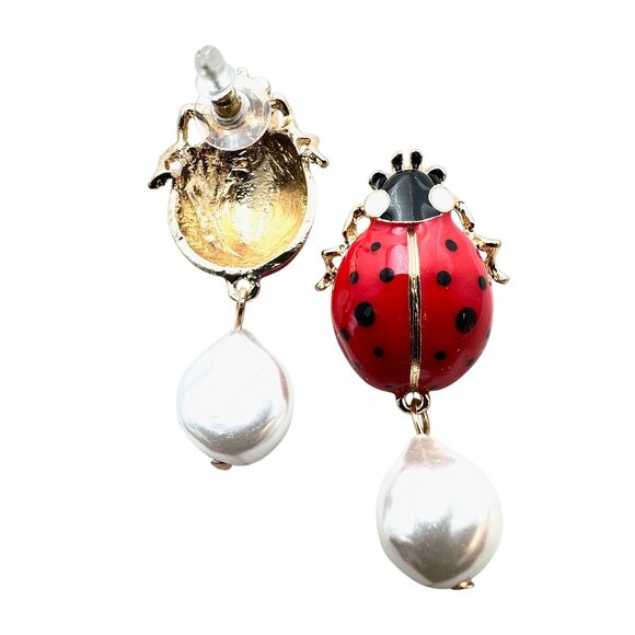 Womens Earrings Pierced Lady Bug Red Enamel Faux Pearl Gold Tone Chandelier - Picture 2 of 4
